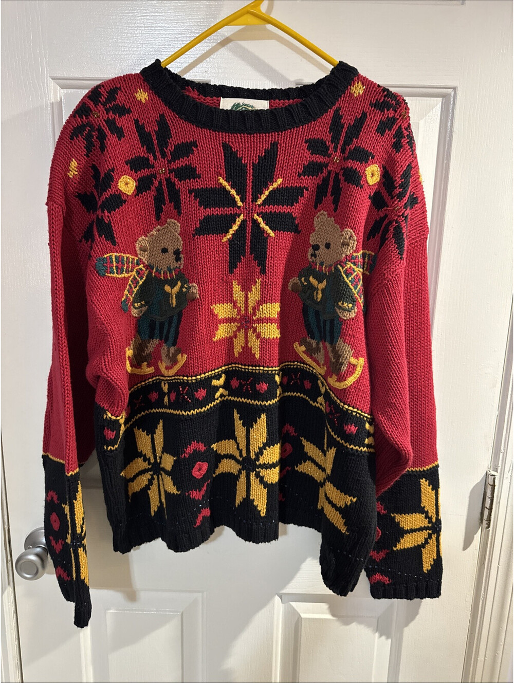 Vintage JK Christmas 1994 Christmas Bear Snowflake red Black Gold Sweater 18/20